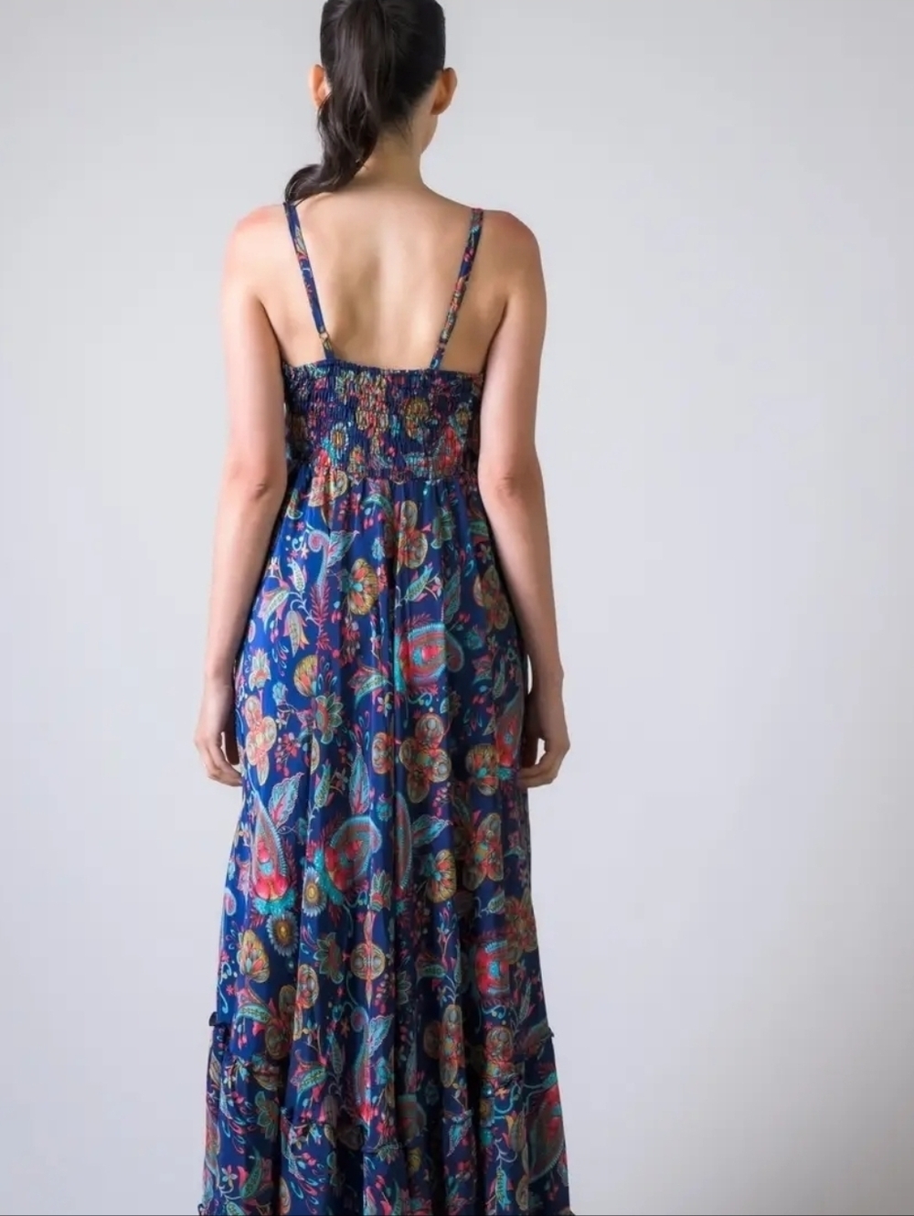 The Rhea Parui Women's Navy Floral Maxi Dress - V-Neck Spaghetti Strap - Picture 5 of 10